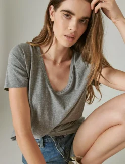 Lucky Brand classic v-neck light heather grey (b03)*WOMEN Graphic Tees