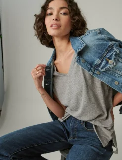 Lucky Brand classic v-neck light heather grey (b03)*WOMEN Knit Tops