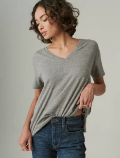 Lucky Brand classic v-neck light heather grey (b03)*WOMEN Knit Tops