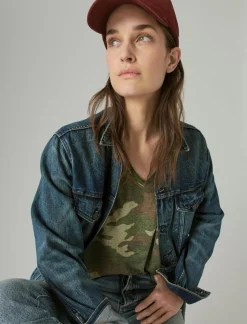 Lucky Brand classic v-neck green camo*WOMEN Knit Tops