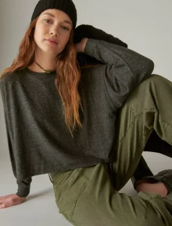 Lucky Brand cloud jersey exposed seam top charcoal heather*WOMEN Activewear