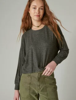 Lucky Brand cloud jersey exposed seam top charcoal heather*WOMEN Activewear