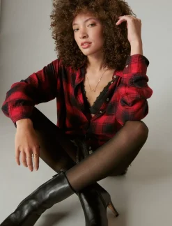 Lucky Brand cloud plaid boyfriend flannel shirt red black plaid*WOMEN Blouses