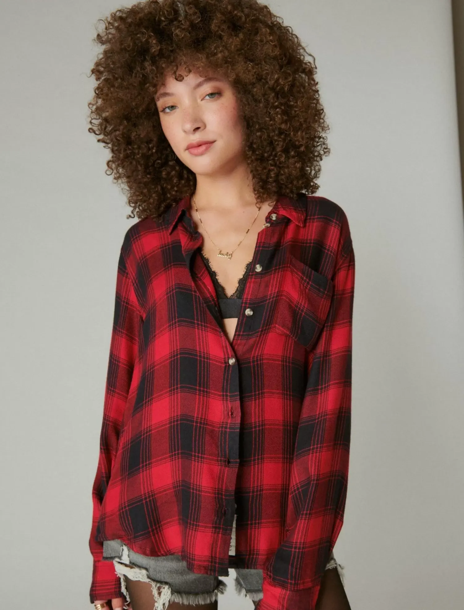 Lucky Brand cloud plaid boyfriend flannel shirt red black plaid*WOMEN Blouses