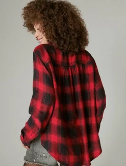 Lucky Brand cloud plaid boyfriend flannel shirt red black plaid*WOMEN Blouses