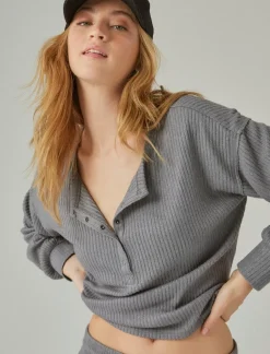Lucky Brand cloud rib henley top medium heather grey*WOMEN Activewear
