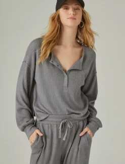 Lucky Brand cloud rib henley top medium heather grey*WOMEN Activewear