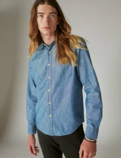 Lucky Brand coolmax chambray one pocket long sleeve shirt chambray blue*MEN Button-Downs