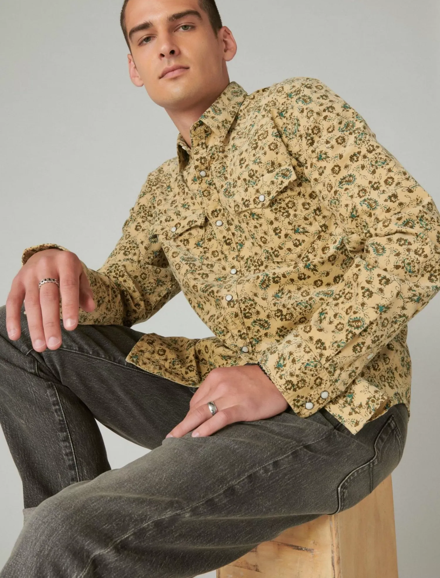 Lucky Brand corduroy printed western long sleeve shirt camo multi*MEN Button-Downs