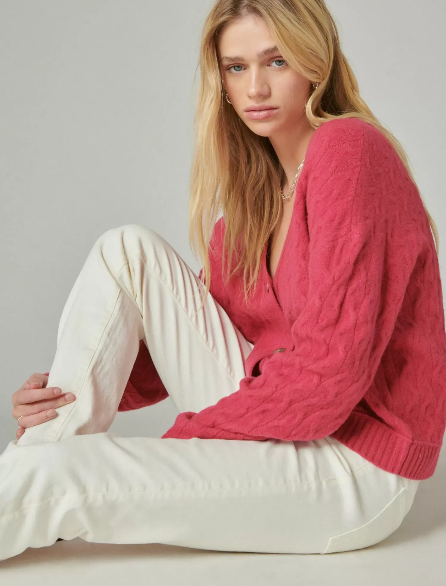 Lucky Brand cozy cable stitch cardigan red bud*WOMEN Sweaters & Sweatshirts