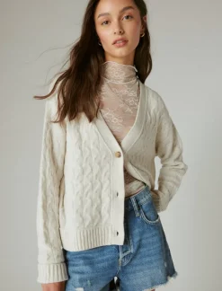 Lucky Brand cozy cable stitch cardigan straw heather*WOMEN Sweaters & Sweatshirts