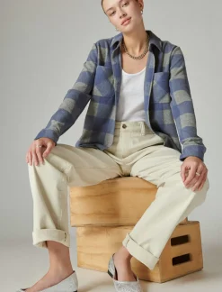 Lucky Brand cozy plaid knit shirt jacket navy grey plaid*WOMEN Blouses