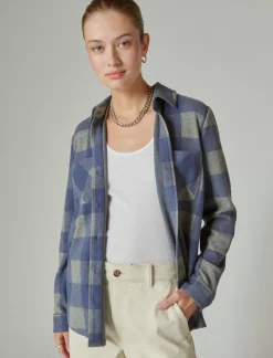 Lucky Brand cozy plaid knit shirt jacket navy grey plaid*WOMEN Blouses