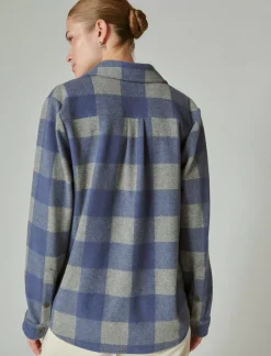 Lucky Brand cozy plaid knit shirt jacket navy grey plaid*WOMEN Blouses