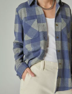 Lucky Brand cozy plaid knit shirt jacket navy grey plaid*WOMEN Blouses
