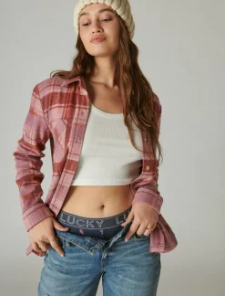 Lucky Brand cozy plaid knit shirt jacket lilas pink plaid*WOMEN Blouses