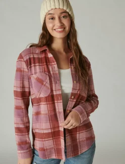 Lucky Brand cozy plaid knit shirt jacket lilas pink plaid*WOMEN Blouses