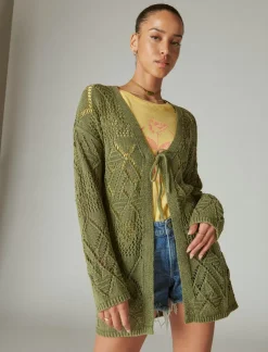 Lucky Brand crochet tie front 3/4 sleeve cardigan four leaf clover acid wash*WOMEN Sweaters & Sweatshirts