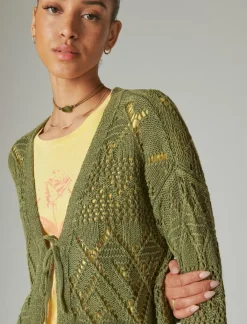 Lucky Brand crochet tie front 3/4 sleeve cardigan four leaf clover acid wash*WOMEN Sweaters & Sweatshirts