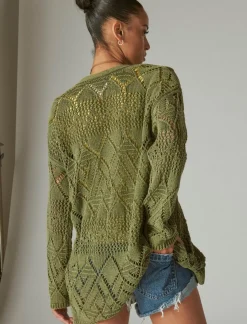 Lucky Brand crochet tie front 3/4 sleeve cardigan four leaf clover acid wash*WOMEN Sweaters & Sweatshirts