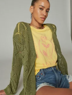 Lucky Brand crochet tie front 3/4 sleeve cardigan four leaf clover acid wash*WOMEN Sweaters & Sweatshirts