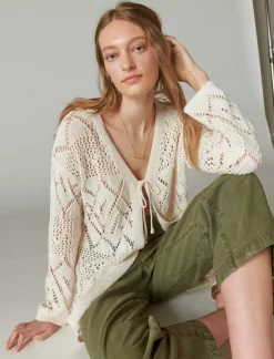 Lucky Brand crochet tie front 3/4 sleeve cardigan straw heather*WOMEN Sweaters & Sweatshirts