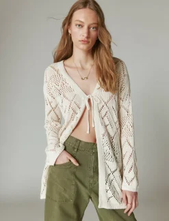 Lucky Brand crochet tie front 3/4 sleeve cardigan straw heather*WOMEN Sweaters & Sweatshirts