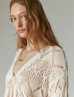 Lucky Brand crochet tie front 3/4 sleeve cardigan straw heather*WOMEN Sweaters & Sweatshirts