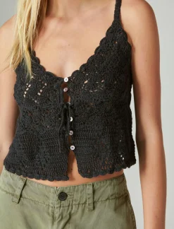 Lucky Brand crochet tie front tank caviar*WOMEN Knit Tops