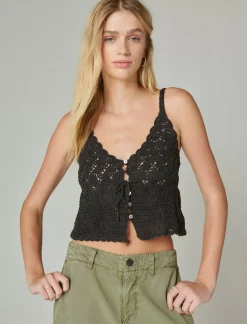 Lucky Brand crochet tie front tank caviar*WOMEN Knit Tops