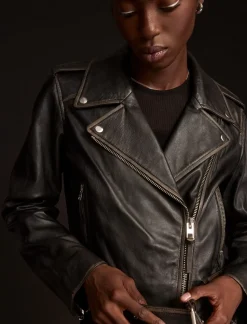 Lucky Brand cropped distressed leather moto jacket washed black*WOMEN Jackets & Outerwear