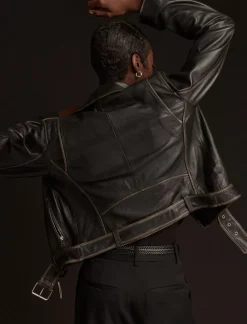 Lucky Brand cropped distressed leather moto jacket washed black*WOMEN Jackets & Outerwear