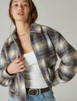 Lucky Brand cropped plaid jacket blue multi plaid*WOMEN Jackets & Outerwear