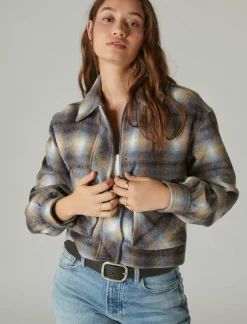 Lucky Brand cropped plaid jacket blue multi plaid*WOMEN Jackets & Outerwear