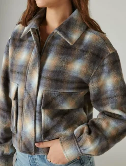 Lucky Brand cropped plaid jacket blue multi plaid*WOMEN Jackets & Outerwear