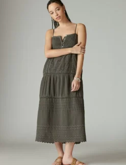 Lucky Brand cutwork paneled maxi dress raven*WOMEN Dresses
