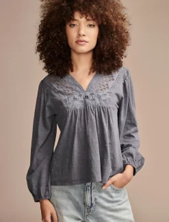 Lucky Brand cutwork peasant top nightshadow blue*WOMEN Blouses