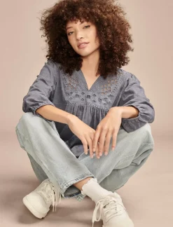 Lucky Brand cutwork peasant top nightshadow blue*WOMEN Blouses