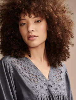 Lucky Brand cutwork peasant top nightshadow blue*WOMEN Blouses
