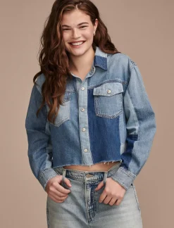 Lucky Brand denim patchwork button down shirt remix*WOMEN Blouses