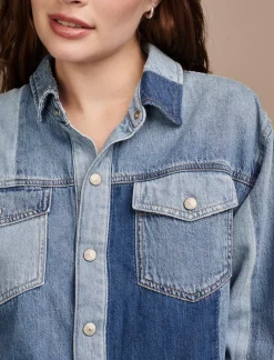 Lucky Brand denim patchwork button down shirt remix*WOMEN Blouses