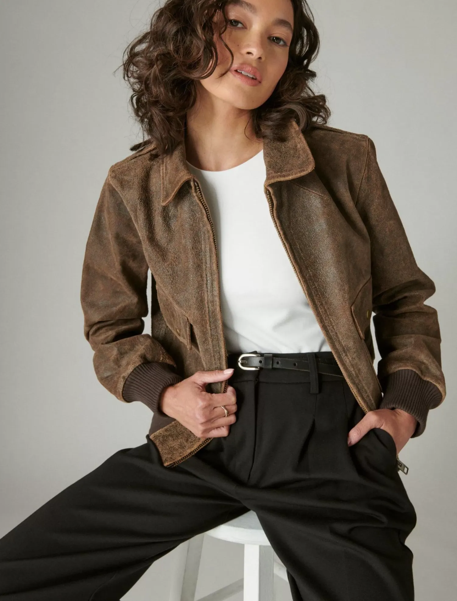 Lucky Brand distressed cropped leather bomber jacket brown*WOMEN Jackets & Outerwear