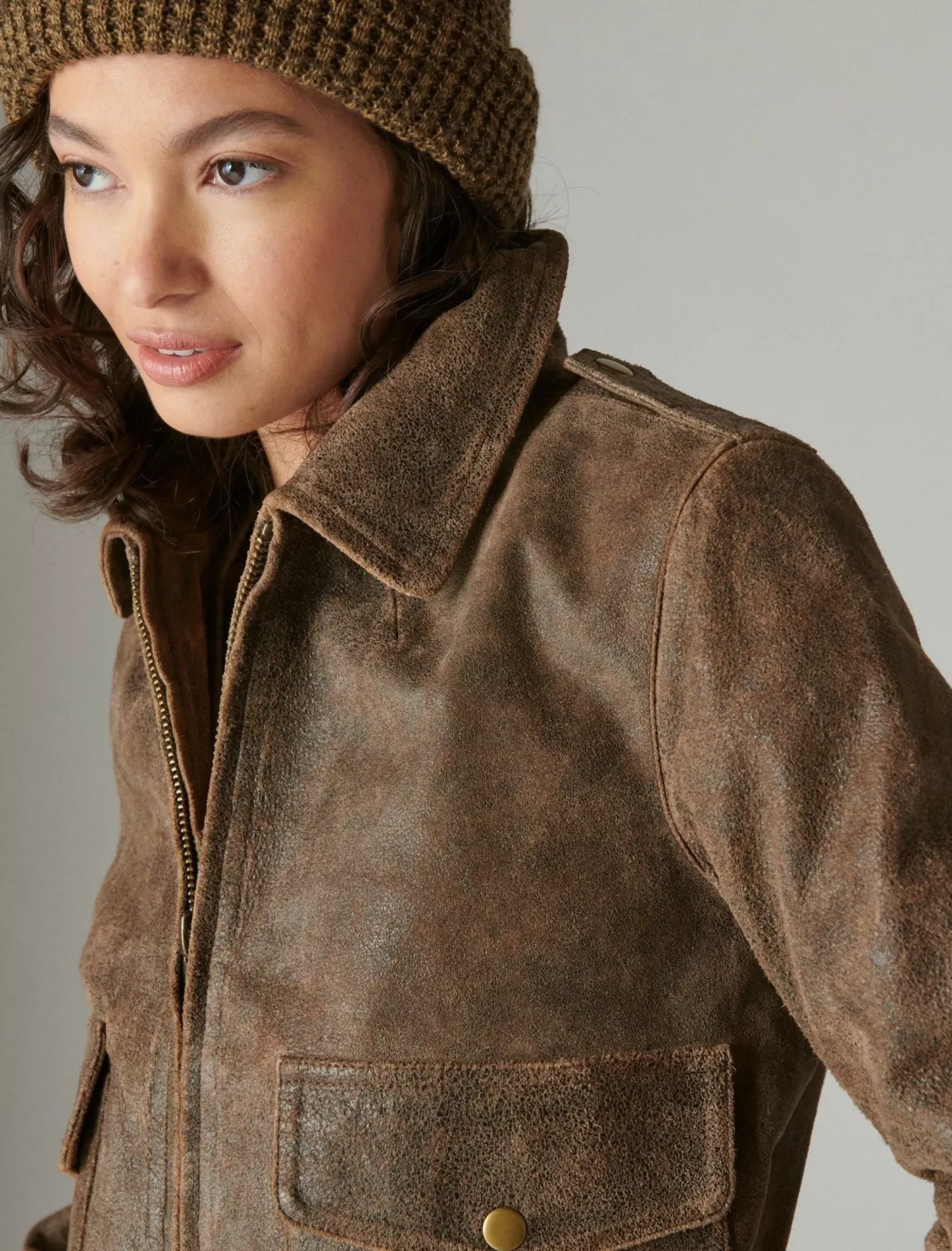 Lucky Brand distressed cropped leather bomber jacket brown*WOMEN Jackets & Outerwear