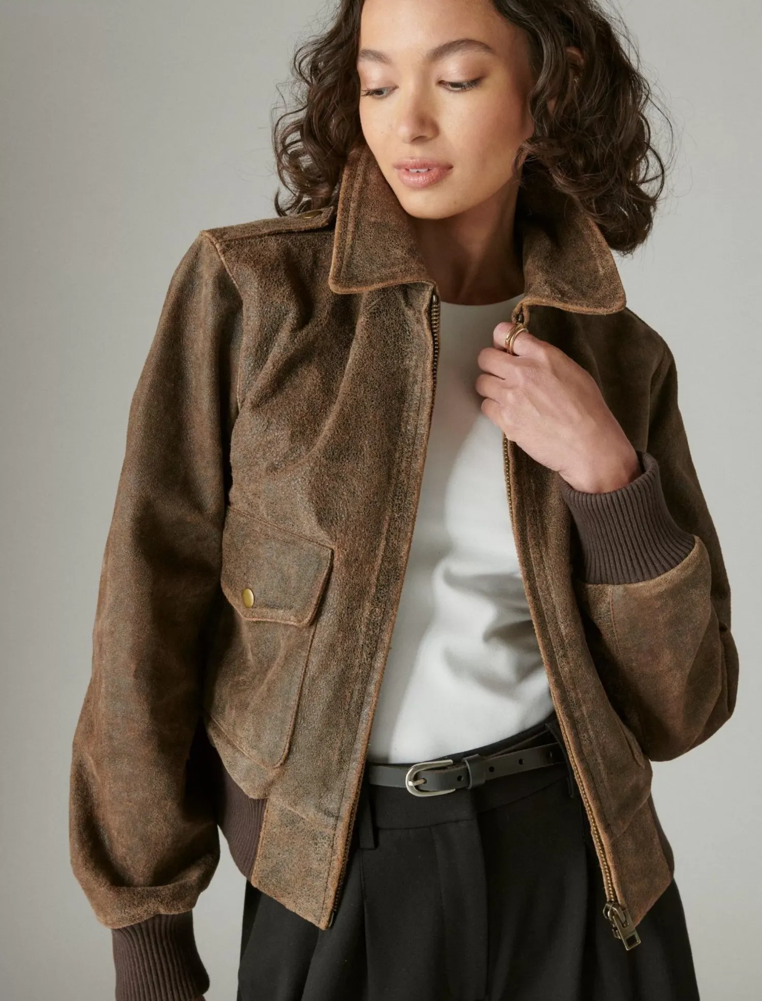 Lucky Brand distressed cropped leather bomber jacket brown*WOMEN Jackets & Outerwear
