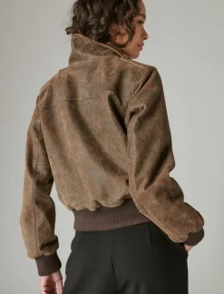 Lucky Brand distressed cropped leather bomber jacket brown*WOMEN Jackets & Outerwear