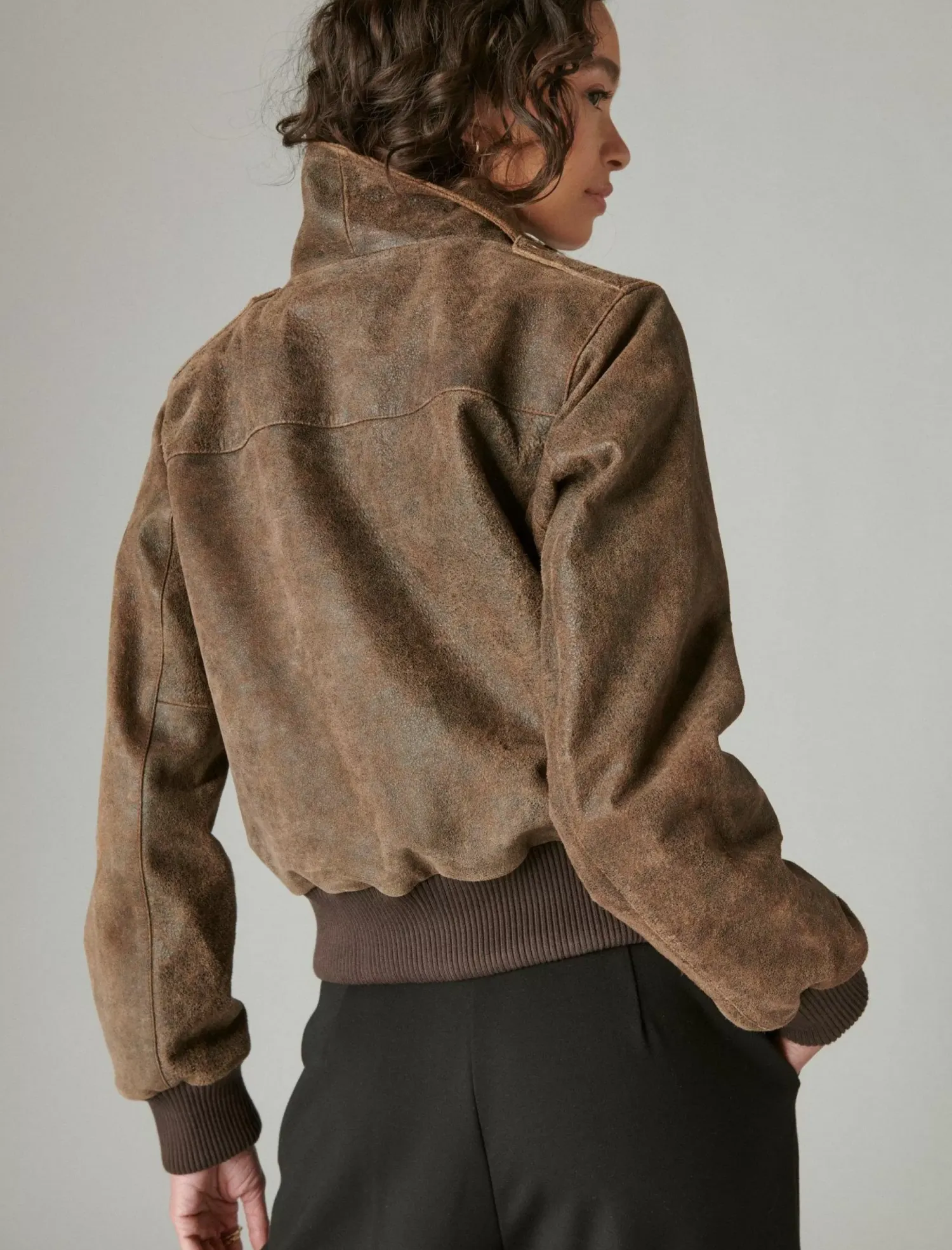 Lucky Brand distressed cropped leather bomber jacket brown*WOMEN Jackets & Outerwear