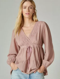 Lucky Brand embroidered babydoll top twilight mauve*WOMEN Blouses