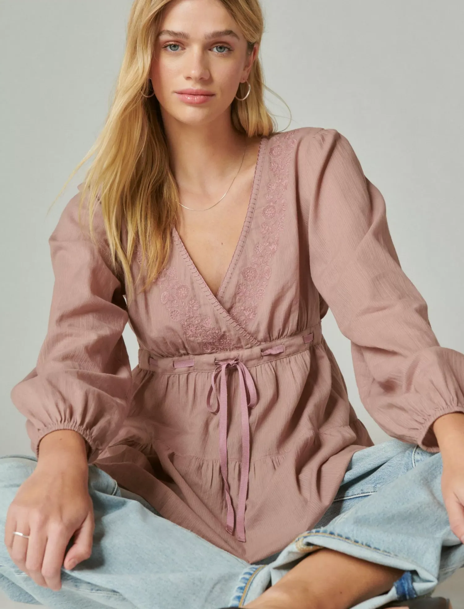 Lucky Brand embroidered babydoll top twilight mauve*WOMEN Blouses