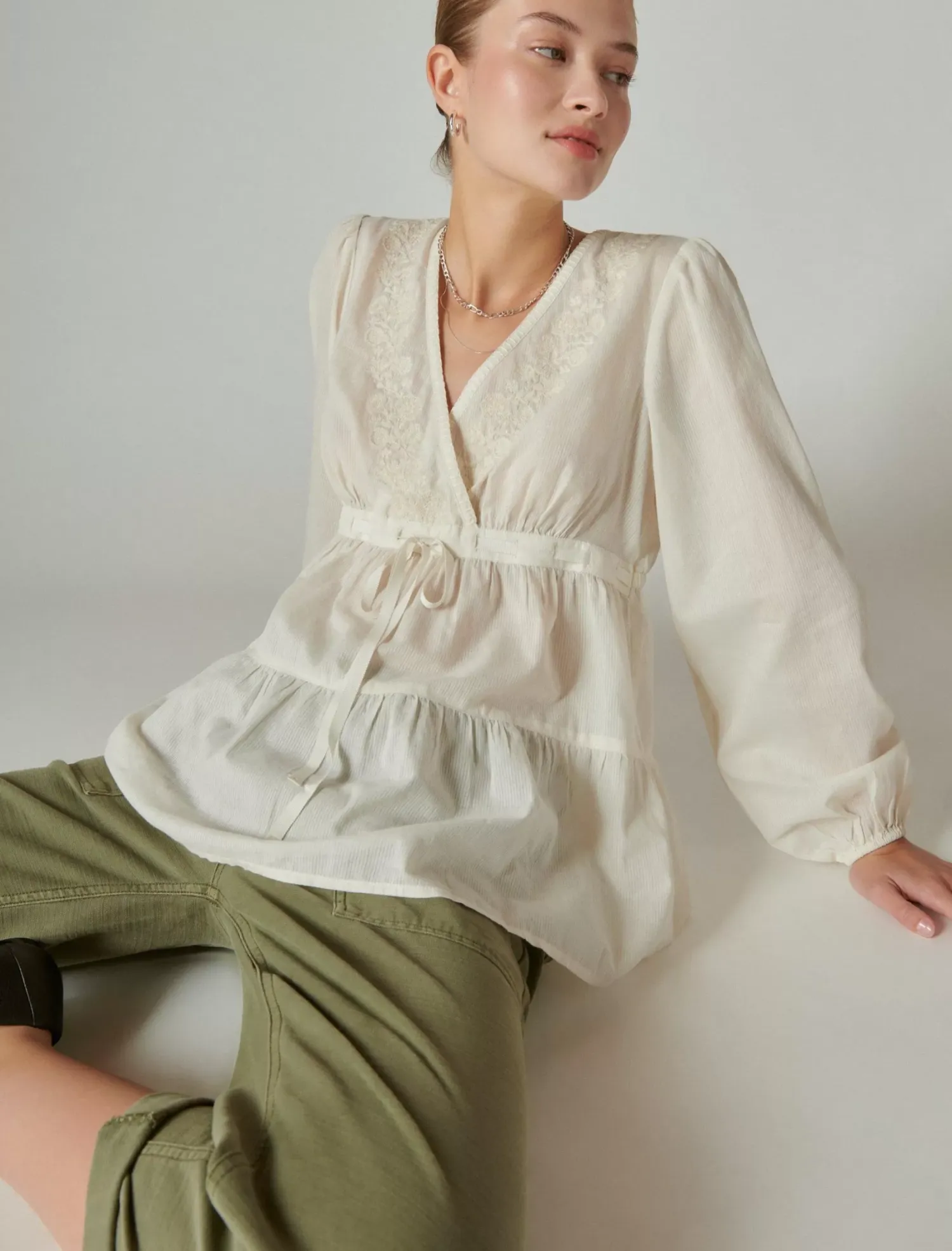 Lucky Brand embroidered babydoll top whisper white*WOMEN Blouses