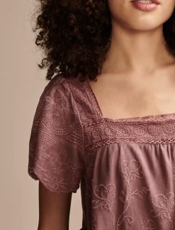 Lucky Brand embroidered flutter sleeve top rose brown*WOMEN Blouses